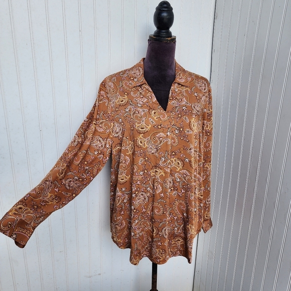 J. Jill Tops - NWT $99 J Jill Paisley Print Blouse V-Neck Long Sleeve Tunic Top Brown Size M